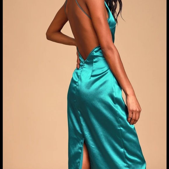 Lulus Zoyah Teal Green Satin Backless Midi Dress - Picture 2 of 4